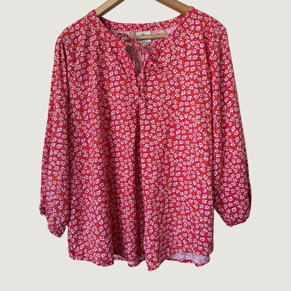 St. Johns Bay Pink Floral Ditsy Print Blouse Long Sleeve Tie Neck L Cottagecore
